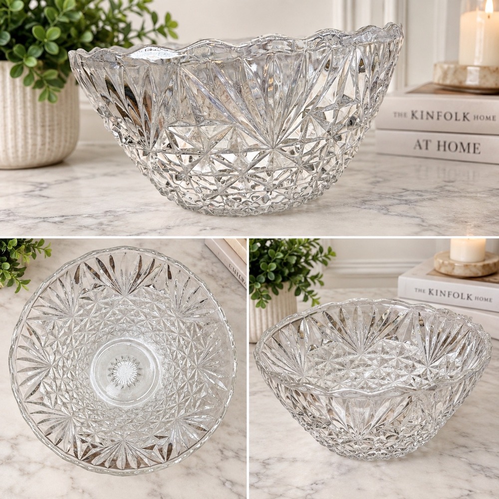 Vintage Cut Glass Serving Bowl Starburst Diamond Pattern Scalloped Edge 12 Inch